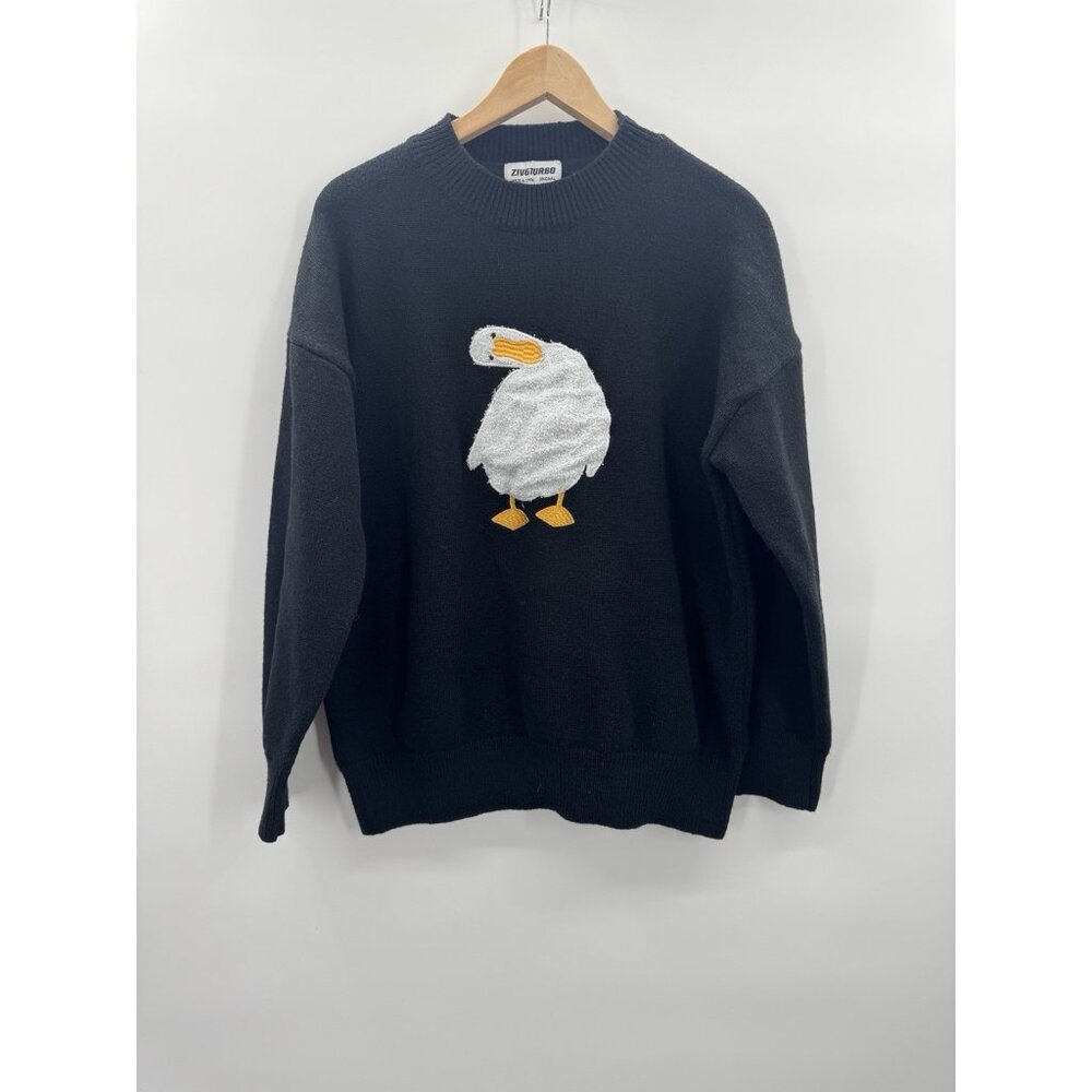 Ziv & Turbo Duck Goose Motif Black Sweater Novelty Oversized Urban Streetwear